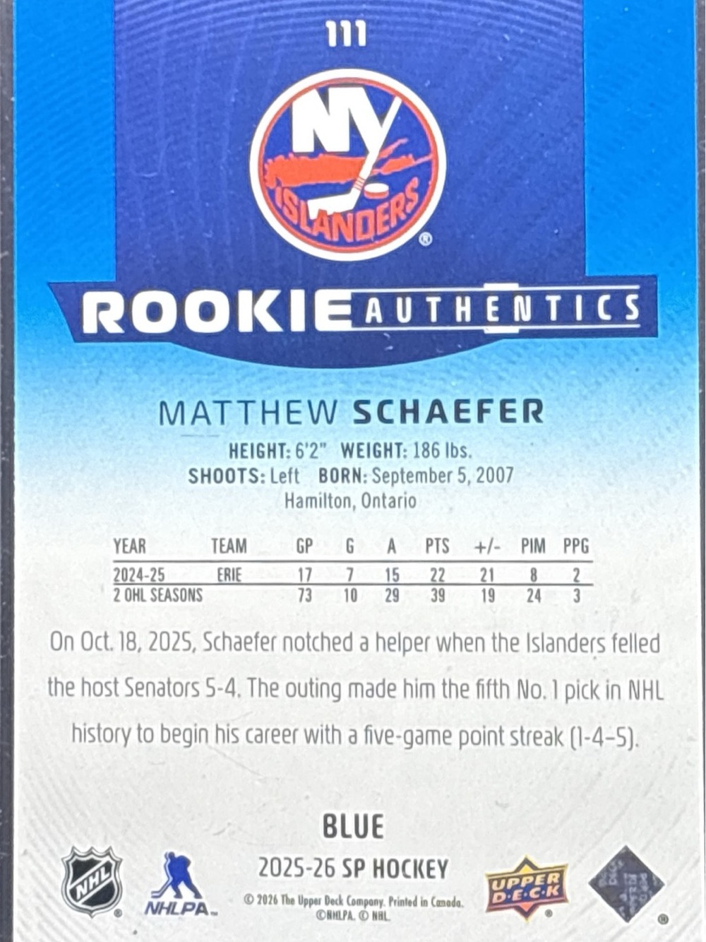 SP Authentic Matthew Schaefer Rookie Trading Card - Picture 2 of 2
